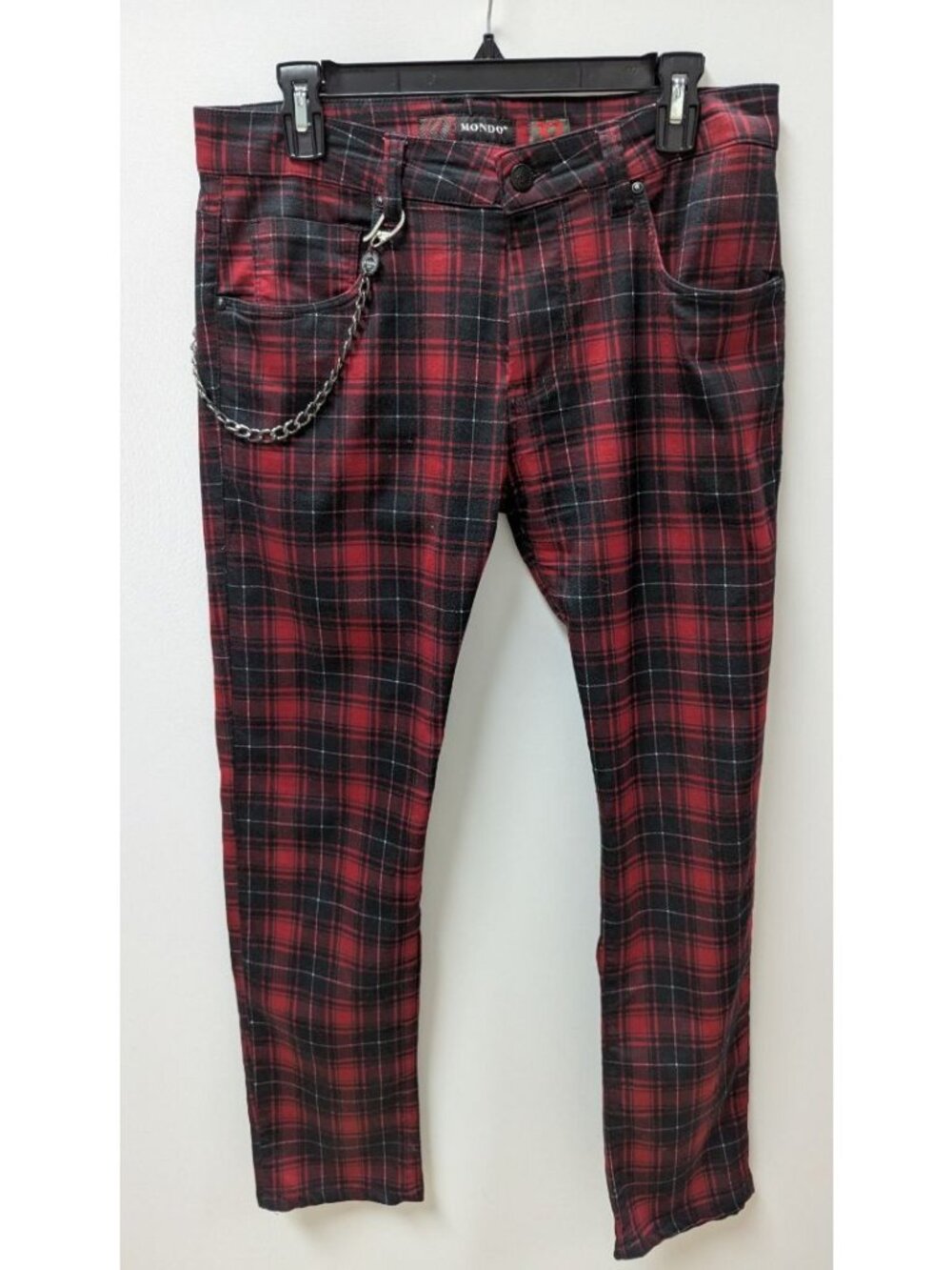 MONDO Men's Red/Black Plaid Slim Leg Pants with Chain